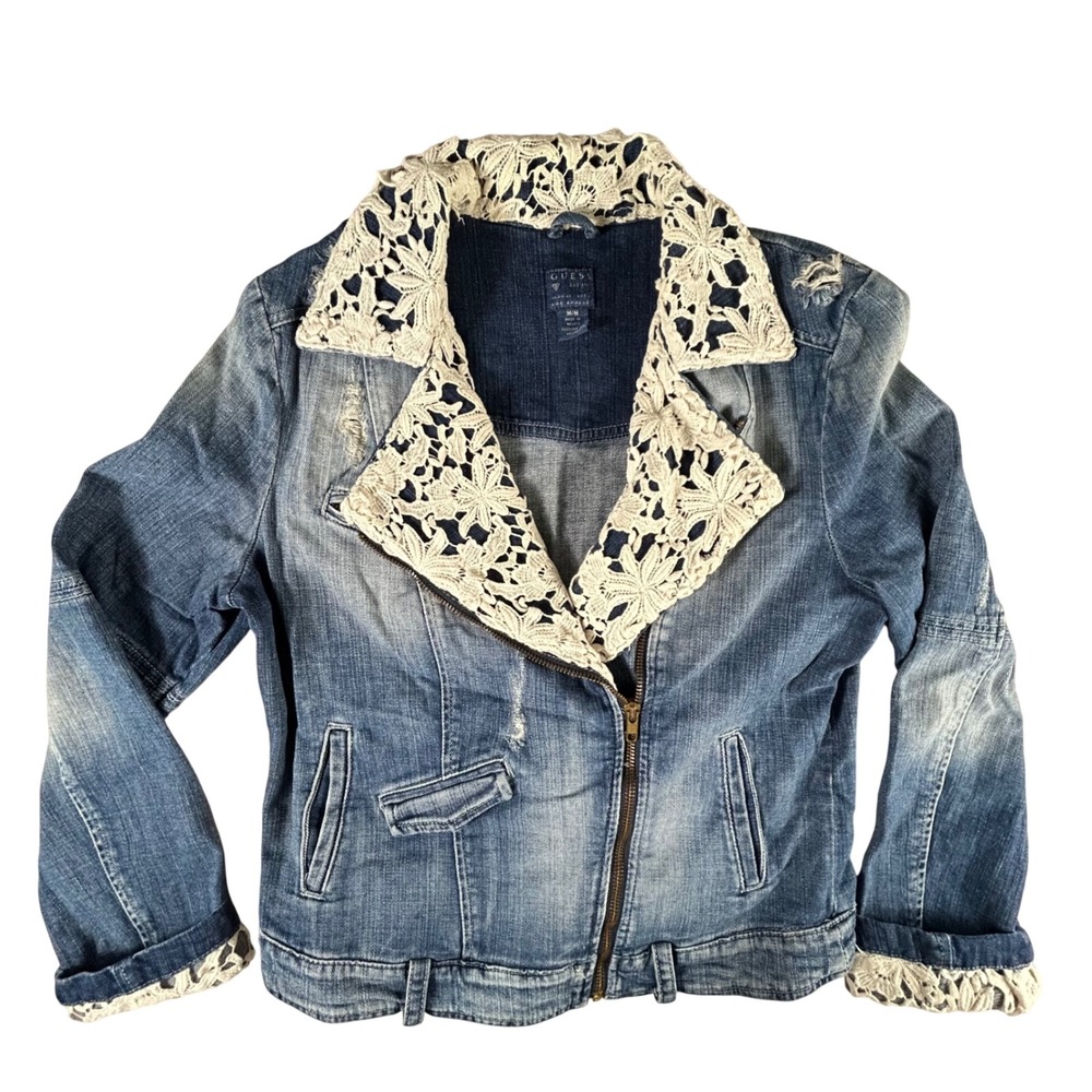 Guess Los Angeles Denim Moto Jacket Blue Crochet Lace Trim Distressed Medium M